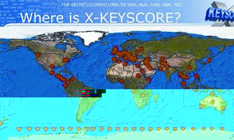 衛報》公佈的演示文檔,圖中紅點代表XKeyscore項目伺服器分佈。