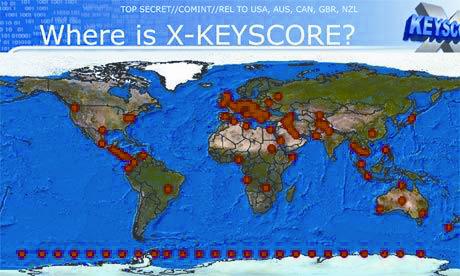 衛報》公佈的演示文檔,圖中紅點代表XKeyscore項目伺服器分佈。