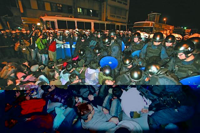 警方今凌晨清場,分批抬走示威學生。