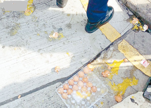 地上遺留雞蛋盒及滿地蛋殼蛋汁。
