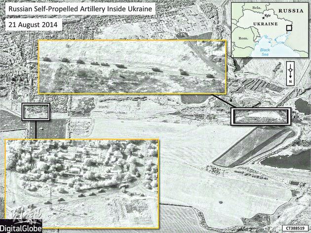 北約昨公布衛星圖像供應商DigitalGlobe提供的照片,指控攜有自走炮的俄羅斯車隊(黃框)在8月21日進入烏克蘭境內。