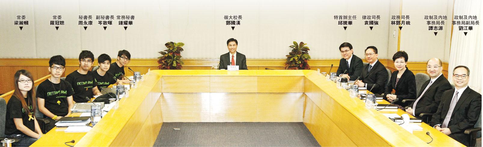 政府(右方)與學聯(左方)的首次對話昨在黃竹坑醫專舉行,惟兩小時的對話並沒有帶來突破,會後雙方就對方言論表示失望。不過,對話有序進行,未見惡言相向,以禮相待。