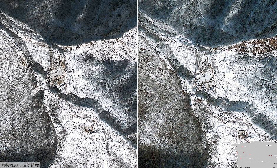 2月12日10時57分,朝鮮北緯41.3度,東經129.0度發生4.9級地震,震源深度0公里。消息引發國際社會關注,外界推測或是朝鮮進行了核子試驗;其後,朝中社發佈消息稱,朝鮮12日已成功進行了地下核子試驗。日韓美做出緊急應對,聯合國安理會則將召開緊急會議進行討論。圖為1月4日與23日拍攝的朝鮮核子試驗地。